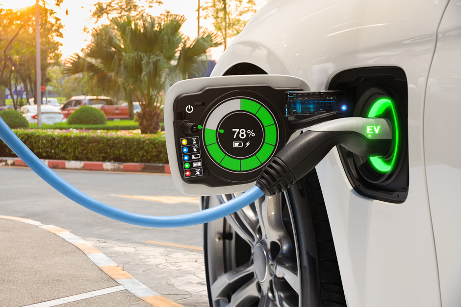 Vehicle with an electric motor. Electric vehicle charging. Eco car.