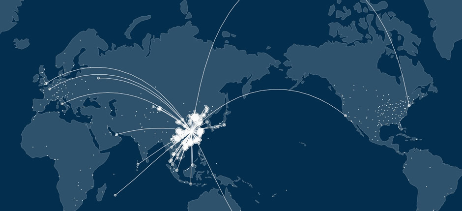 Une carte illustrant la propagation de l’épidémie de COVID-19, qui a débuté à Wuhan, en Chine, et s’est propagée dans le monde entier
