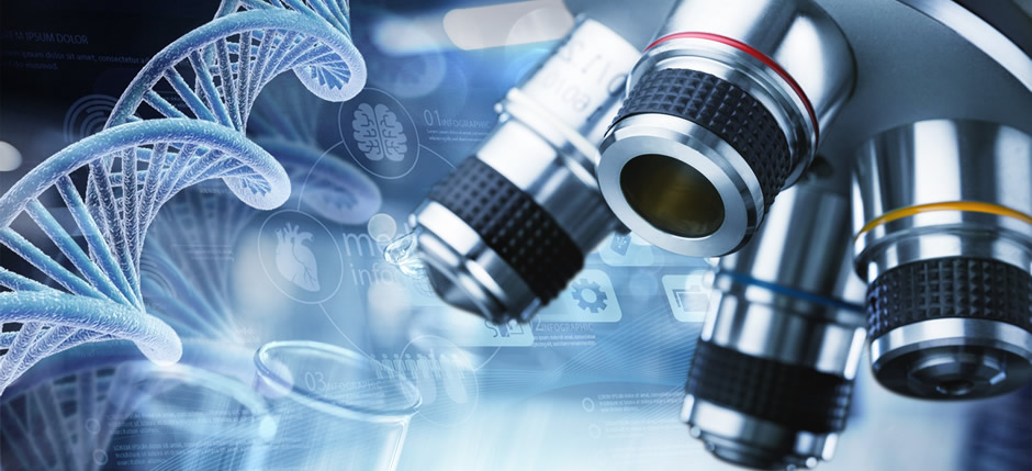Microscope objective lenses and a DNA strand in front of test tubes and graphics related to biotechnology and life sciences