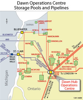 Carte image montrant la proximité de Sarnia au carrefour de Dawn, un important carrefour gazier en Amérique du Nord.