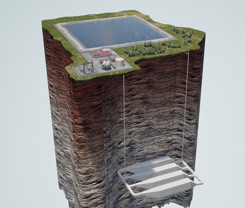 Un graphique 3D de la solution de stockage d'énergie A-CAES d'Hydrostor