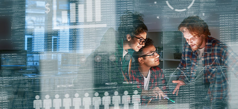 Young team looking over data on a computer, with a large data visualization graphic overlay