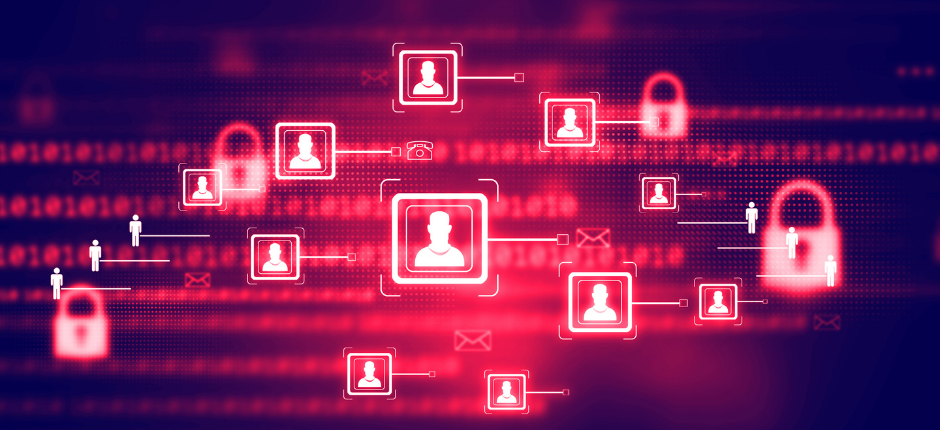 Graphic composed of icons for email envelopes, telephones, password locks and user profile photos over a backdrop of binary code