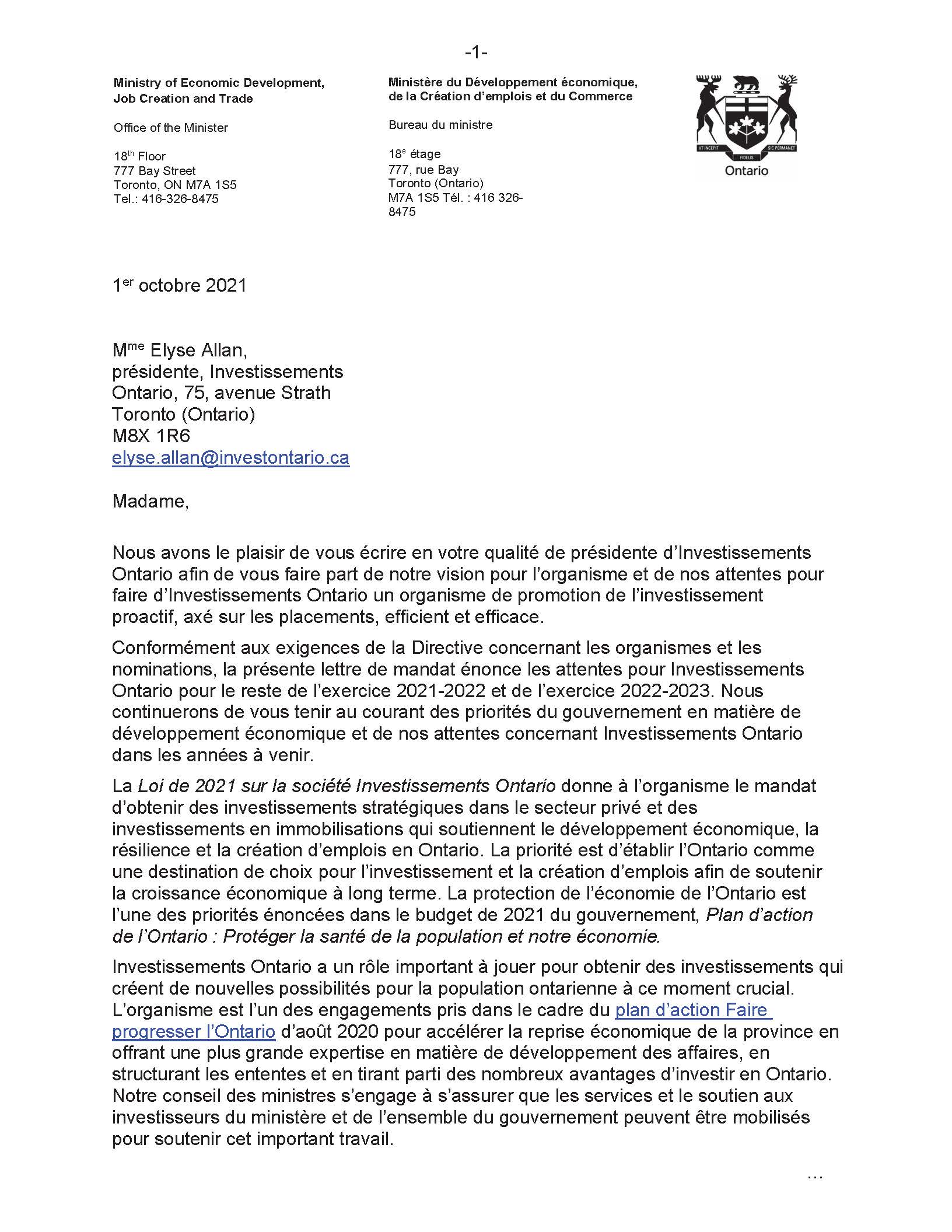 Lettre de mandat d’Investissements Ontario de 2021-2023