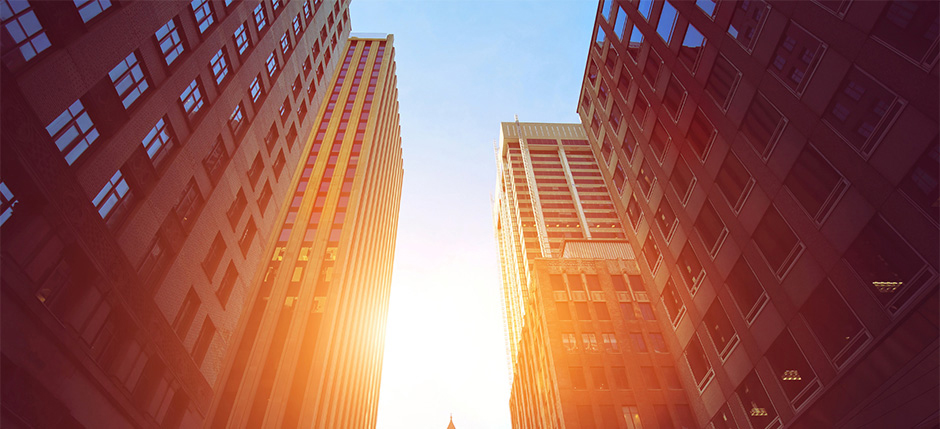 The morning sun reflecting on skyscraper buildings in downtown Toronto, Ontario, Canada